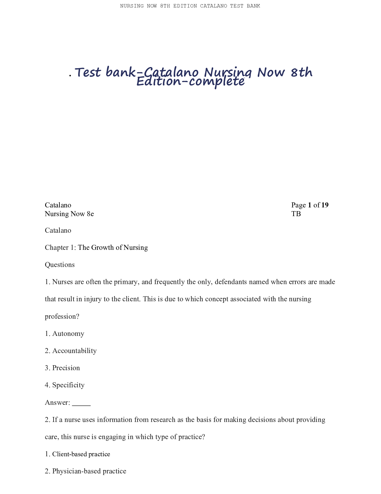 Preview of Test bank-Catalano Nursing Now 8th Edition-complete